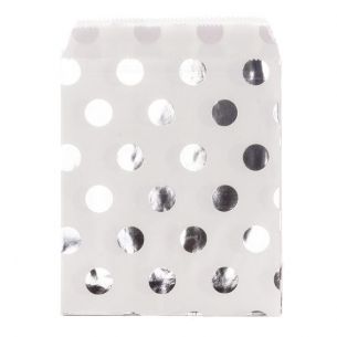 Silver Metallic Polka Dots On White Paper Sweet Bags X25 Retro Sweet Shop
