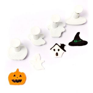 Fondant Cutter Plunger Set 4pcs Halloween Ghost Pumpkin Witch Hat Haunted House