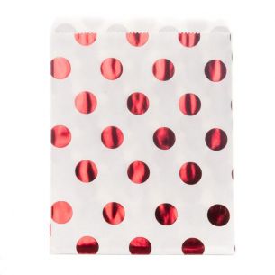 Red Metallic Polka Dots On White Paper Sweet Bags X25 Retro Sweet Shop