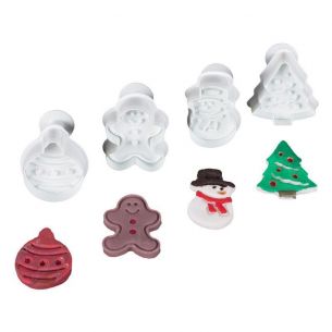 Fondant Cutter Plunger Set 4pcs Christmas Bauble Snowman Gingerbread Man Tree