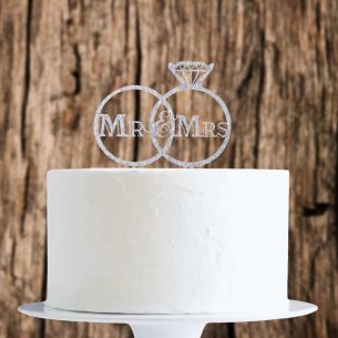 Silver Glitter Mr&Mrs Rings Cake Topper x1